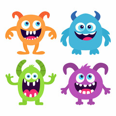 Monster set. Happy Halloween. Cartoon kawaii funny baby character. Smiling face. Cute colorful monsters silhouette icon. Horns, eyes, teeth, hands. Flat design. Childish style. White background Vector