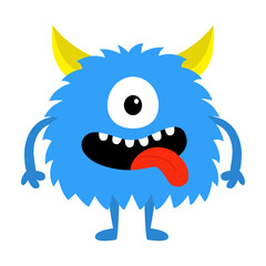 Cute blue monster silhouette showing tongue. Scary face head icon. Happy Halloween. One eye, fangs tooth, horns. Cartoon boo spooky kawaii funny baby character. Flat design. White background. Vector