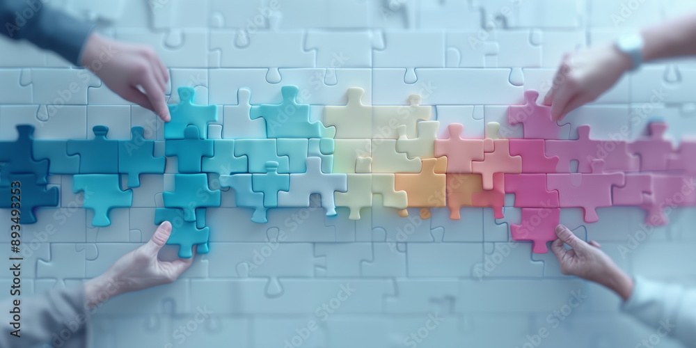 Wall mural elements, entities being linked. the concept of new values and technology forming a new society and 