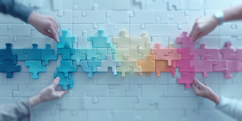 Elements, entities being linked. The concept of new values and technology forming a new society and a diverse flow and unity, teamwork. jigsaw collaboration