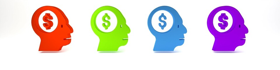 Colorful Business man planning mind icon isolated on white background. Head with dollar. Idea to earn money. Business investment growth. Minimalism concept. 3D render illustration