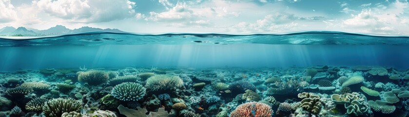 A panoramic view of a vibrant coral reef beneath clear blue water with sunlight streaming through. Perfect for nature and marine life themes.