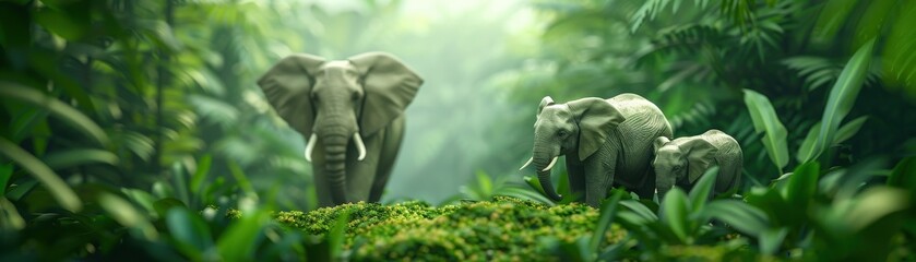 A peaceful family of elephants walks through a lush green jungle, surrounded by vibrant foliage and bathed in gentle sunlight.