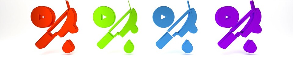 Colorful Thriller movie icon isolated on white background. Bloody knife. Suspenseful cinema genre, survival horror. Shocking films with gore and violence. Minimalism concept. 3D render illustration