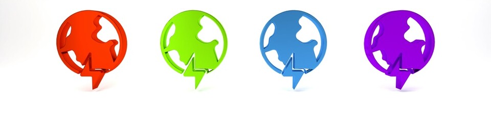 Colorful Global energy power planet with flash thunderbolt icon isolated on white background. Ecology concept and environmental. Minimalism concept. 3D render illustration