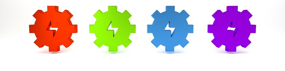 Colorful Gear and lightning icon isolated on white background. Electric power. Lightning bolt sign. Minimalism concept. 3D render illustration
