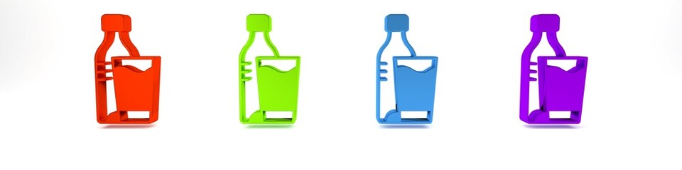 Colorful Bottle of water with glass icon isolated on white background. Soda aqua drink sign. Minimalism concept. 3D render illustration
