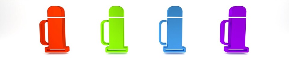 Colorful Thermos container icon isolated on white background. Thermo flask icon. Camping and hiking equipment. Minimalism concept. 3D render illustration