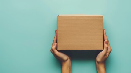 Photograph of woman's hands holding a brown cardboard box on a light blue background. Parcel box mockup, packaging, shopping, delivery