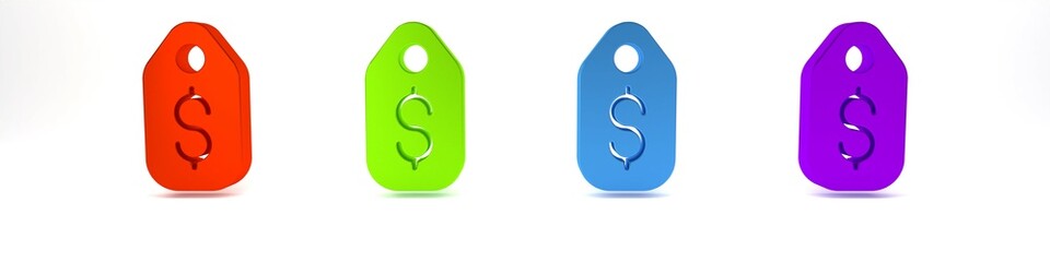 Colorful Price tag with dollar icon isolated on white background. Badge for price. Sale with dollar symbol. Promo tag discount. Minimalism concept. 3D render illustration