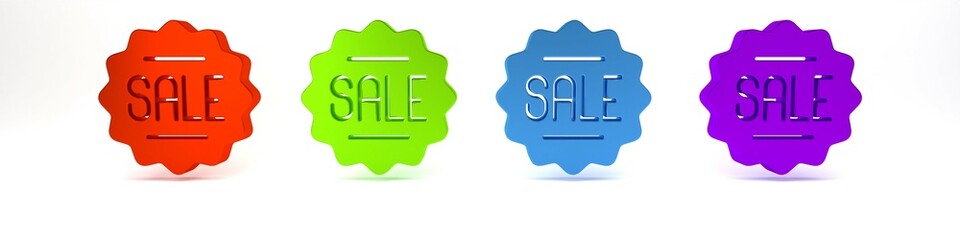 Colorful Price tag with an inscription Sale icon isolated on white background. Badge for price. Promo tag discount. Minimalism concept. 3D render illustration