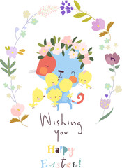 Funny Cat hugging Little Chicks in Floral Wreath. Vector Illustration