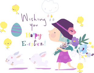 Cute Cartoon Girl with Floral Bouquet and Easter Rabbits. Vector Illustration