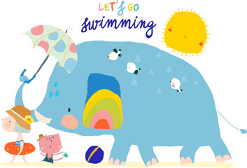 Cute Girl with going to swim with Big Elephant and Cat. Vector Illustration