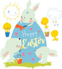 Cute Easter Bunnies coloring Big Easter Egg. Happy Holidays. Vector Illustration