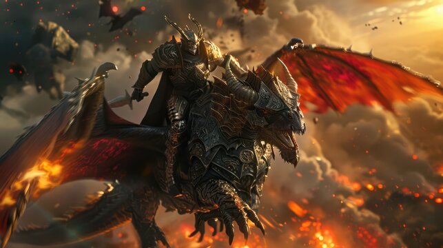 A cinematic shot of a warrior riding a massive armored rhino, the warrior is wearing intricate battle armor with glowing runes, the rhino is covered in heavy, spiked plating, charg