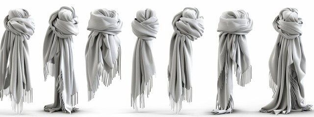 Several different angles of a white knitted woven wool fleece scarf shawl wrap mockup template. Front and flat lay views on transparent cut out PNG.