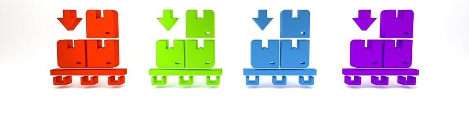 Colorful Cardboard boxes on pallet icon isolated on white background. Closed carton delivery packaging box with fragile signs. Minimalism concept. 3D render illustration