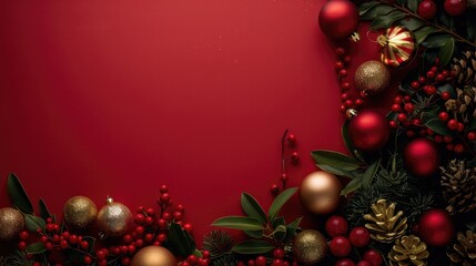 Red background with chic tree decorations, red and gold balls, and mistletoe berries for a festive scene
