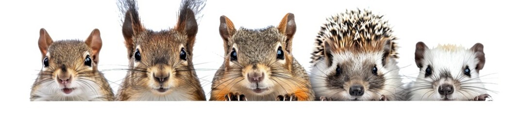 Obraz premium A set of five small rodent mammal animals, a hamster, mouse, rat, squirrel, porcupine, and hedgehog, isolated on transparent background cutouts.