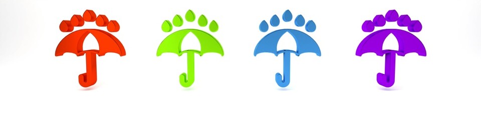 Colorful Umbrella and rain drops icon isolated on white background. Waterproof icon. Protection, safety, security concept. Water resistant symbol. Minimalism concept. 3D render illustration