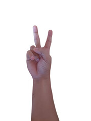 man raising two fingers up on his hand showing peace power fight or victory symbol and letter V in sign language on white background.