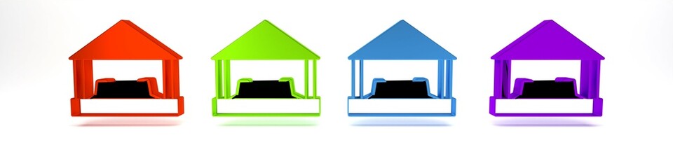 Colorful Sandbox for kids with sand and umbrella icon isolated on white background. Minimalism concept. 3D render illustration