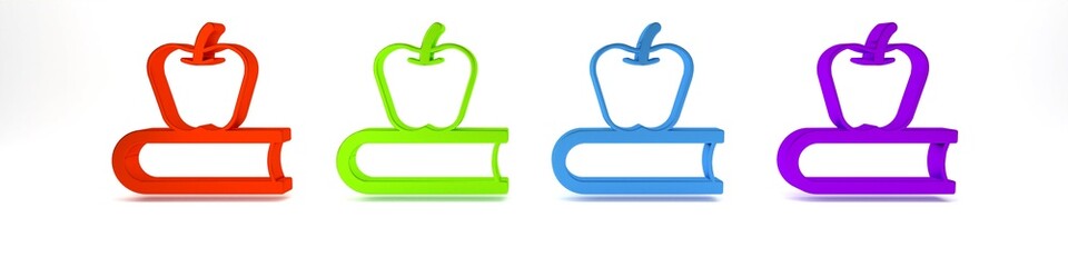 Colorful Book with apple icon isolated on white background. Minimalism concept. 3D render illustration
