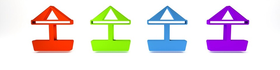 Colorful Sandbox for kids with sand and umbrella icon isolated on white background. Minimalism concept. 3D render illustration