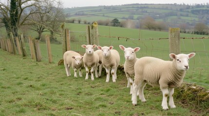 Obraz premium Five white lambs stand in a row by a wooden fence in a grassy field, looking toward the camera. The field is green and rolling hills can be seen in the background