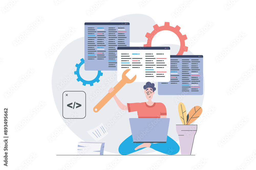 Aufkleber Development and programming concept in modern flat design for web. Programmer working at laptop and creating software code on screens, fixing bugs and making system maintenance. Vector illustration.