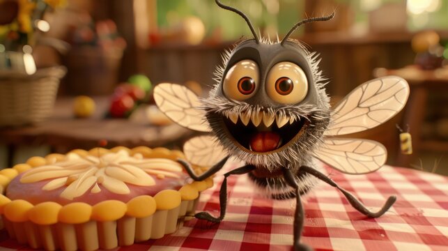 A close-up 3D cartoon of a joyful fly on top of a pie, grinning widely, big expressive eyes, tiny wings