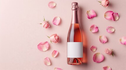 Mockup of a pink champagne bottle with blank label on a light pink background with rose petals top view. commercial photography
