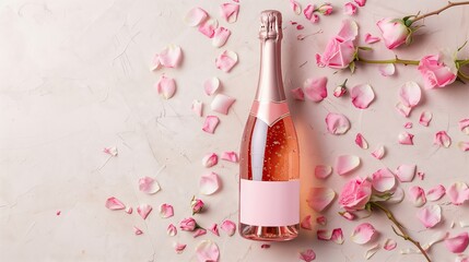 Mockup of a pink champagne bottle with blank label on a light pink background with rose petals top view. commercial photography
