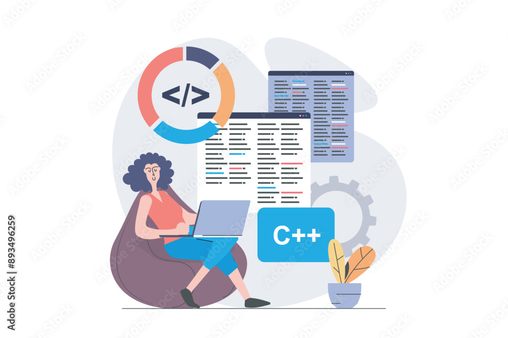 Aufkleber Development and programming concept in modern flat design for web. Woman developer working at laptop and coding on screens, fixing bugs, making maintenance and optimization. Vector illustration.