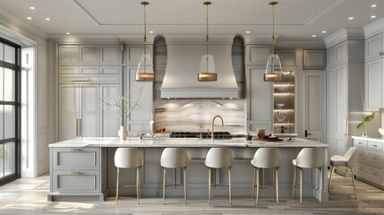 A transitional kitchen with light grey cabinets