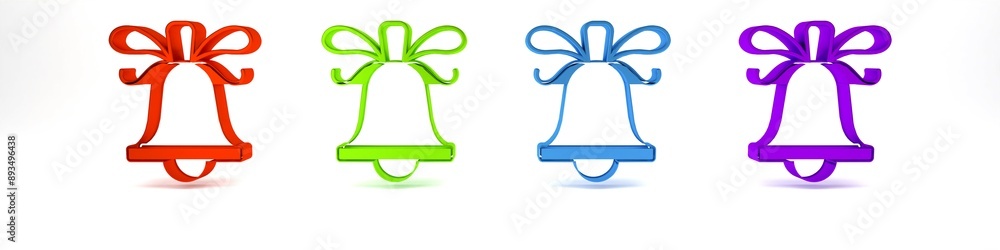 Sticker Colorful Merry Christmas ringing bell icon isolated on white background. Alarm symbol, service bell, handbell sign, notification. Minimalism concept. 3D render illustration