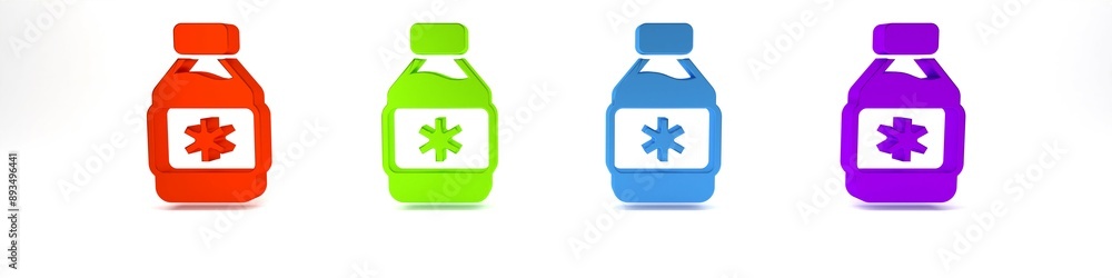 Sticker Colorful Bottle of medicine syrup icon isolated on white background. Minimalism concept. 3D render illustration