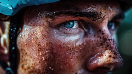 A close-up of a cyclist's face, determination, sweat dripping, cityscape background