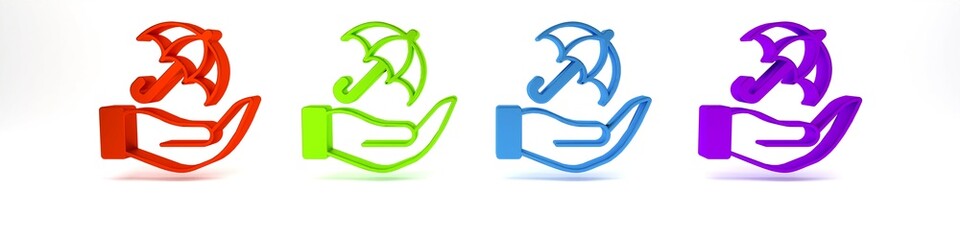 Colorful Umbrella in hand icon isolated on white background. Insurance concept. Waterproof icon. Protection, safety, security concept. Minimalism concept. 3D render illustration