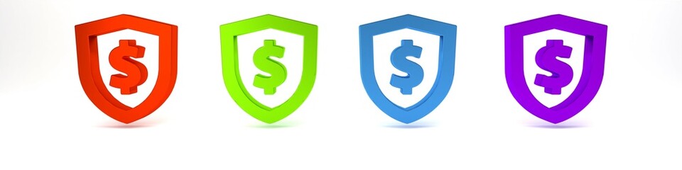 Colorful Shield with dollar symbol icon isolated on white background. Security shield protection. Money security concept. Minimalism concept. 3D render illustration