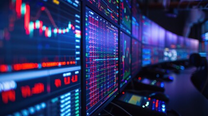 A close-up photograph from behind of trading monitors displaying stock market graphs, vibrant and dynamic charts, multiple screens
