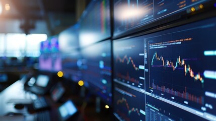 A close-up photograph from behind of trading monitors displaying stock market graphs, vibrant and dynamic charts, multiple screens
