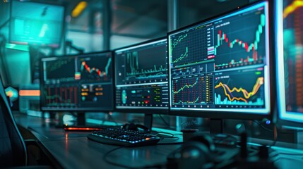 A close-up photograph from behind of trading monitors displaying stock market graphs, vibrant and dynamic charts, multiple screens