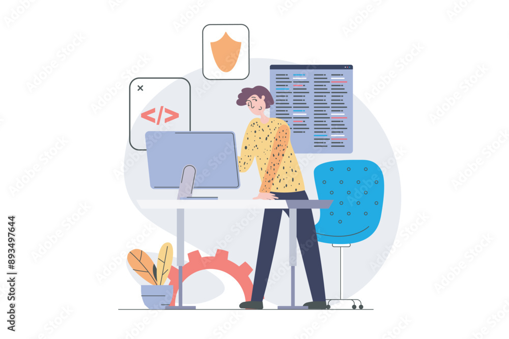 Poster Development and programming concept in modern flat design for web. Man developer creating security system software product at computer and testing firewall from hacker attack. Vector illustration.
