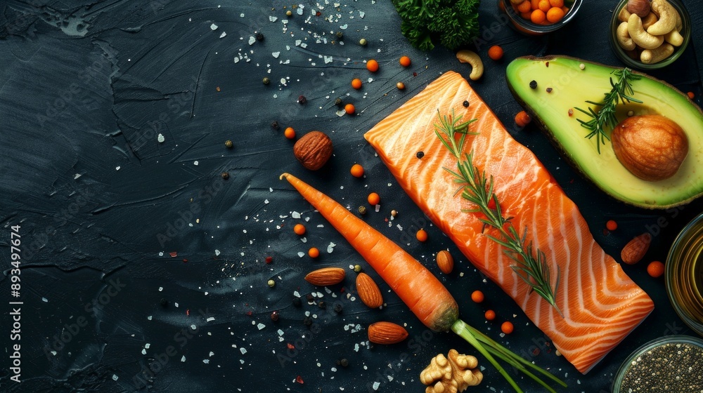 Poster fresh salmon fillet with an array of ingredients on a dark textured background. perfect for food blo