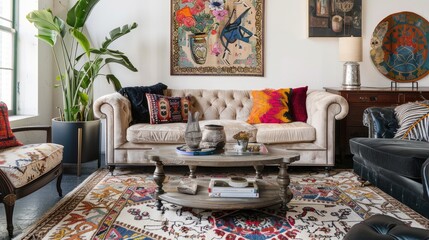 An eclectic living room with a mix of patterns and textures