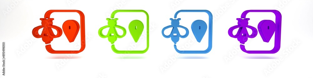 Poster colorful bee location map pin pointer icon isolated on white background. farm animal map pointer. mi