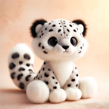 A photo of a cute plush snow leopard toy with big, round eyes and a fluffy, spotted tail, placed on a soft peach background. Perfect for children's toys and animal-themed decorations