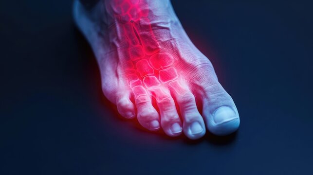 Close-up of a puffy and flushed toe affected by gout, highlighting severe inflammation and redness, medical illustration of joint pain